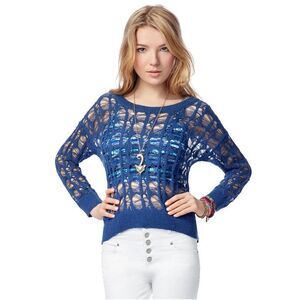 Aeropostale Womens Sheer Cable Pullover Sweater, Blue, NWT
